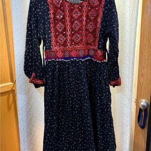 Homemade Sindh Black Dress with Red Embroidery with mirrors & beads colorful